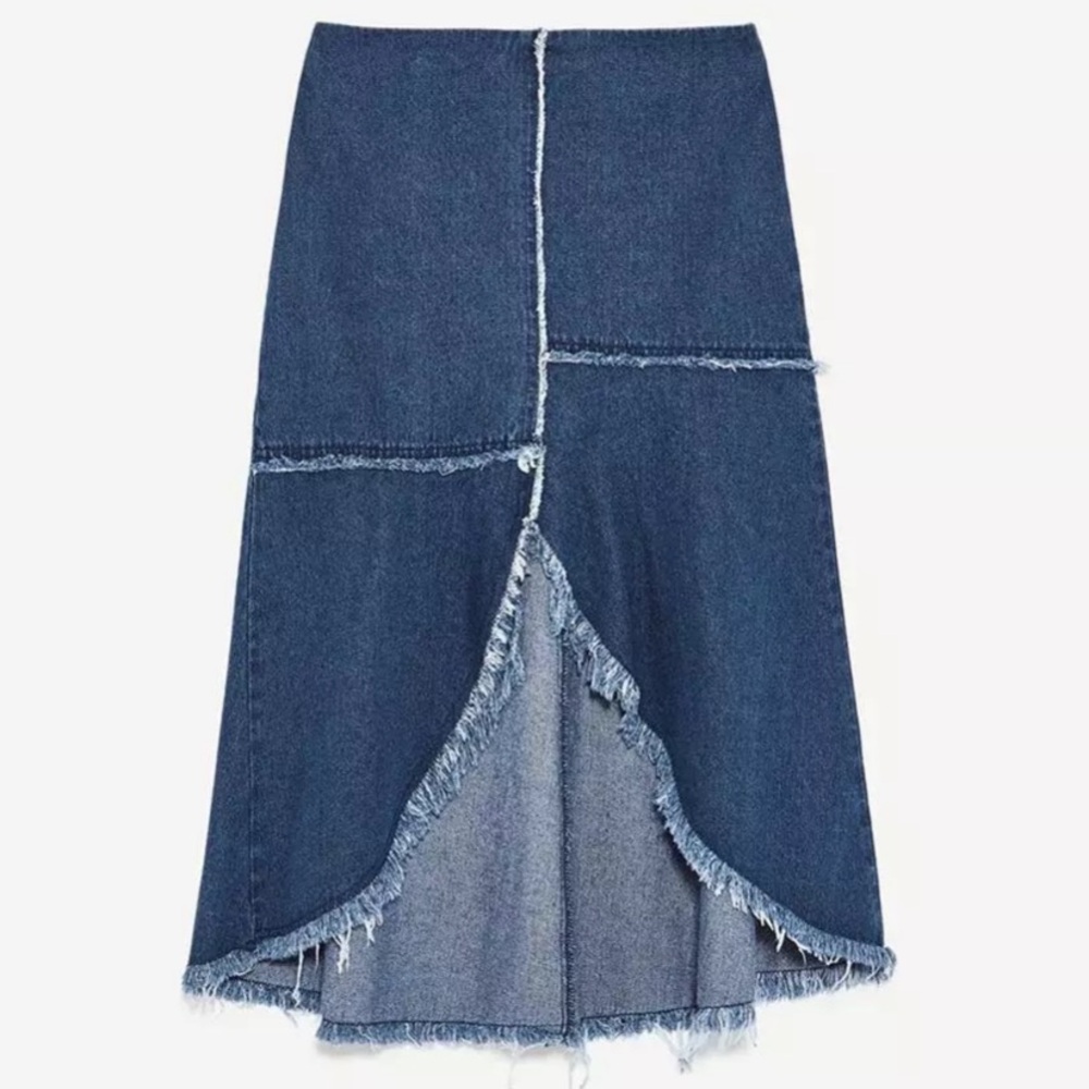 Zara Fringe Denim Midi Maxi Skirt Size Medium Bohemian All Season Skirt Fits Sm